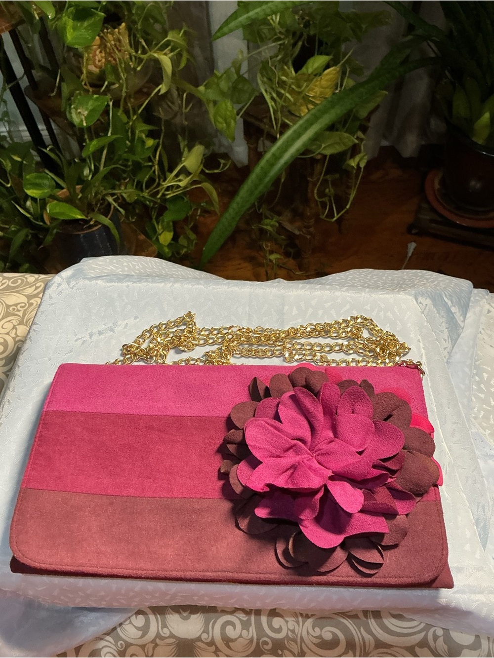 Shiraleah Pink Ombre Suede Clutch with Floral Applique and Gold Chain